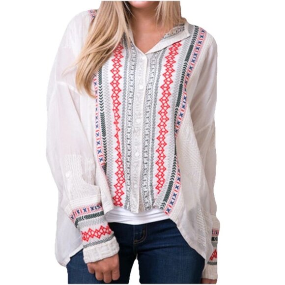 JOHNNY WAS Cream/Off White Embroidered Melvin Button Down Blouse Sz M - Picture 1 of 11